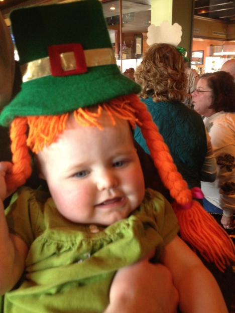 At our St. Patrick's Day celebration, Grandma Suzy let Maddie borrow her red braids...not a bad look!