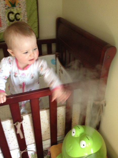 Oooh, pretty vapor! (Hard to believe it took so long for her to discover that her frog humidifier kicks out water vapor.)